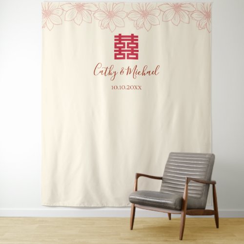 Vintage red beige floral Chinese wedding backdrop