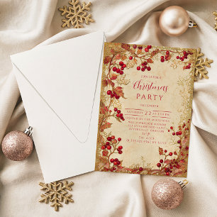 Vintage Red Berry Holiday Party Invitation