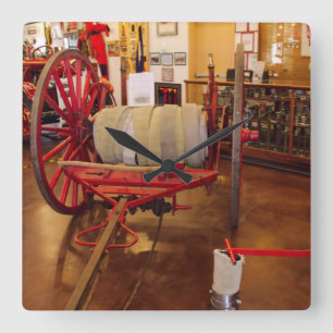Vintage Red Big Wheel Fire Hose Reel Square Wall Clock