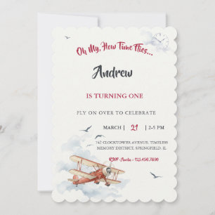 Vintage Red Biplane Watercolor Time Flies Birthday Invitation