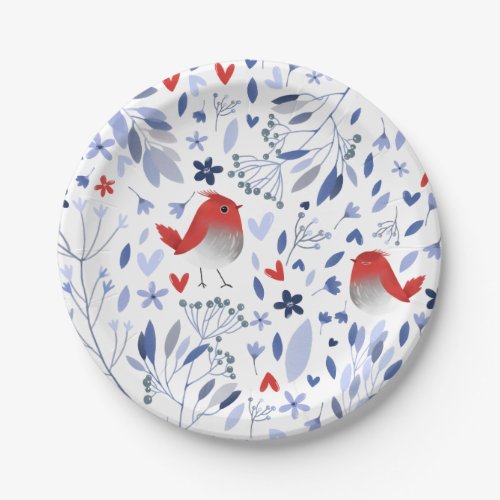 Vintage Red Bird Blue Floral Watercolor Paper Plates