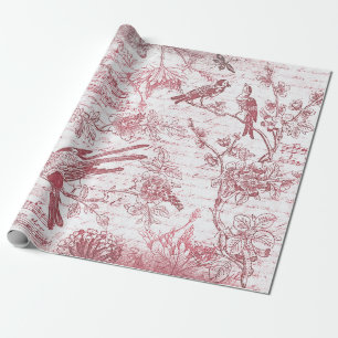 Vintage Red Birds Flowers French Script Wrapping Paper