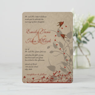 Vintage Red Birds Hearts on Silver Wedding Invites