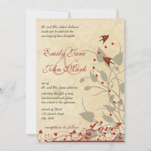 Vintage Red Birds Hearts Wedding Invitation