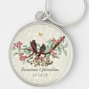 Vintage Red Birds Pink Flowers Wedding Key Chain