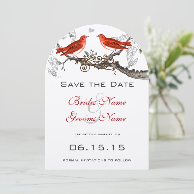 Vintage Red Birds Wedding Save the Date (Standing Front)