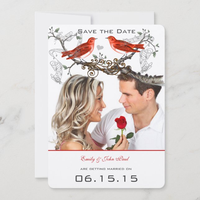 Vintage Red Birds Wedding Save the Date Invitation (Front)