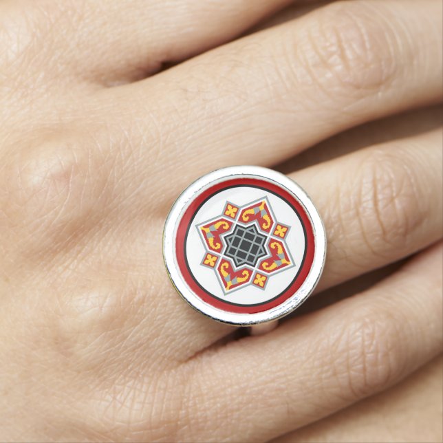 Vintage Red Black Barcelona Tile Geometric Art Ring (In Situ)
