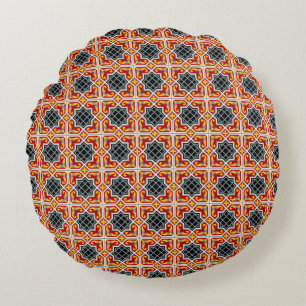 Vintage Red Black Barcelona Tile Geometric Art Round Pillow