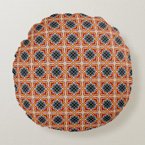 Vintage Red Black Barcelona Tile Geometric Art Round Pillow