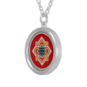 Vintage Red Black Barcelona Tile Geometric Art Silver Plated Necklace