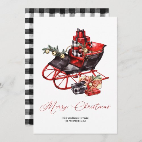 Vintage Red Black Christmas Sleigh Packages Holiday Card