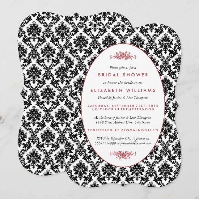 Vintage Red, Black & White Damask Bridal Shower Invitation (Front/Back)