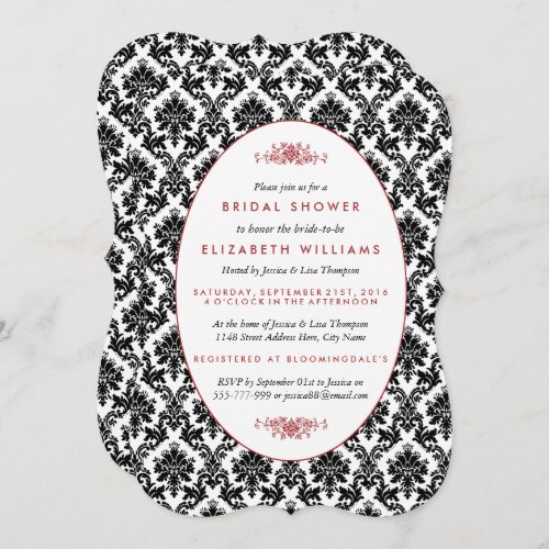 Vintage Red Black  White Damask Bridal Shower Invitation