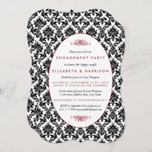 Vintage Red Black White Damask Engagement Party Invitation