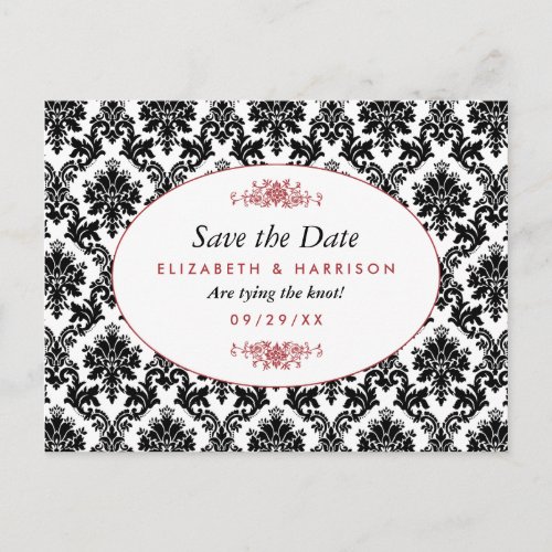 Vintage Red Black  White Damask Save The Date Announcement Postcard