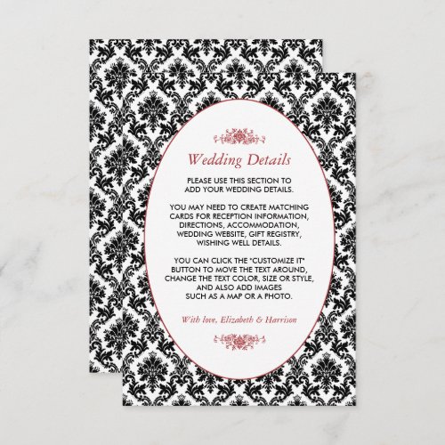 Vintage Red Black  White Damask Wedding Detail Enclosure Card