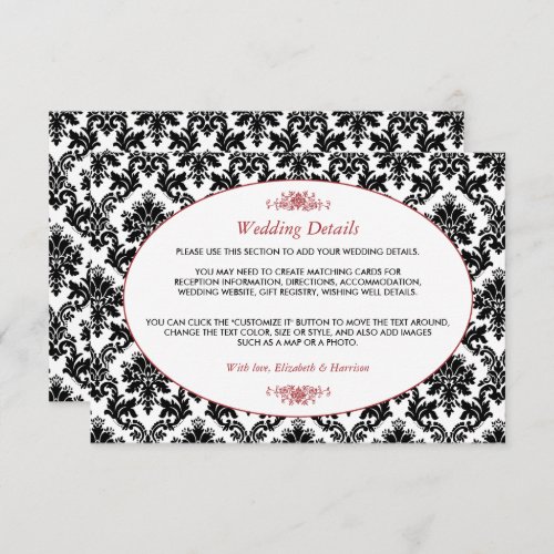 Vintage Red Black  White Damask Wedding Detail Enclosure Card