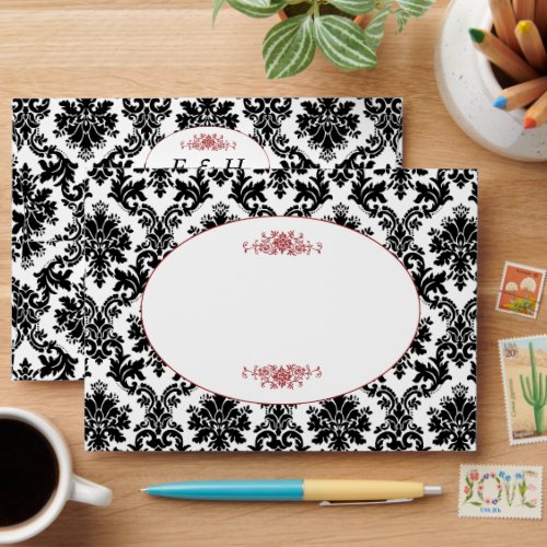 Vintage Red Black  White Damask Wedding Envelope