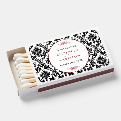 Vintage Red Black  White Damask Wedding Matchboxes