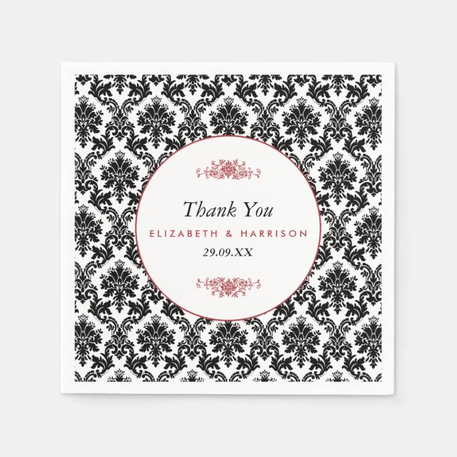 Vintage Red, Black & White Damask Wedding Paper Napkins (Front)
