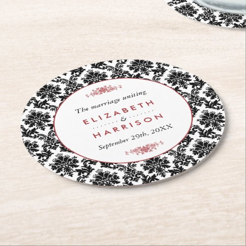 Vintage Red Black  White Damask Wedding Round Paper Coaster