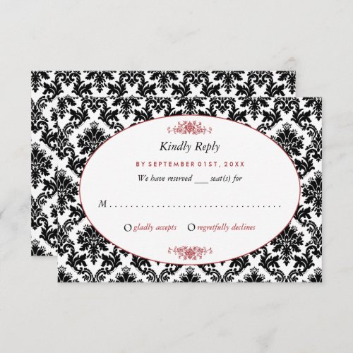 Vintage Red Black  White Damask Wedding RSVP Card