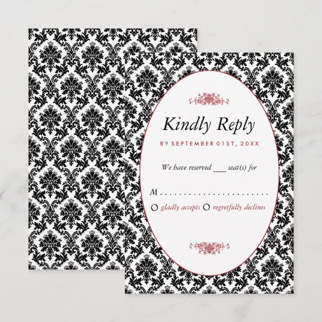 Vintage Red, Black & White Damask Wedding RSVP Card (Front/Back)