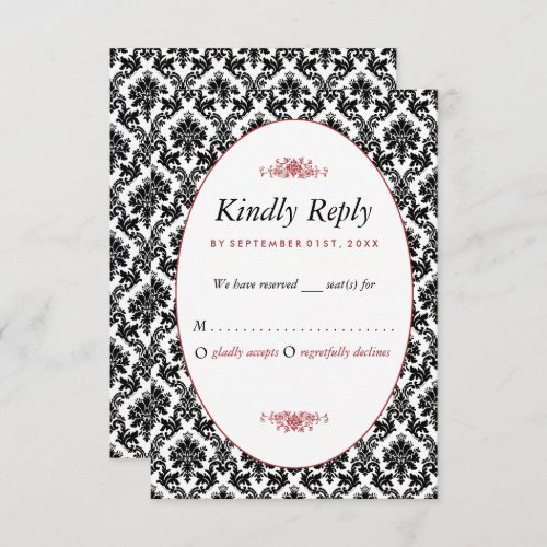 Vintage Red Black  White Damask Wedding RSVP Card