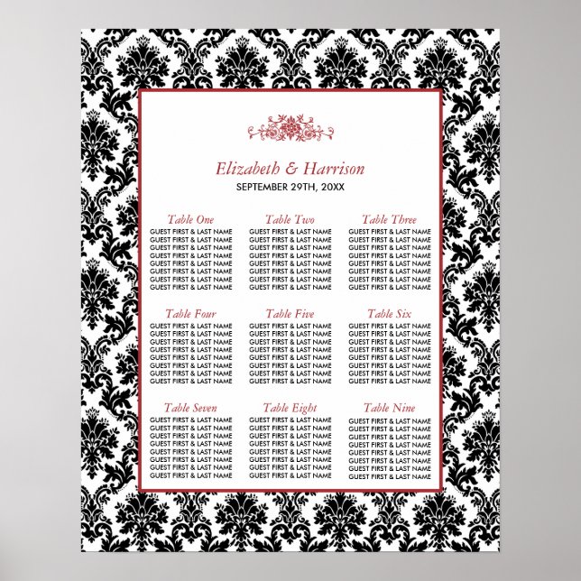 Vintage Red, Black & White Damask Wedding Seating Poster (Front)