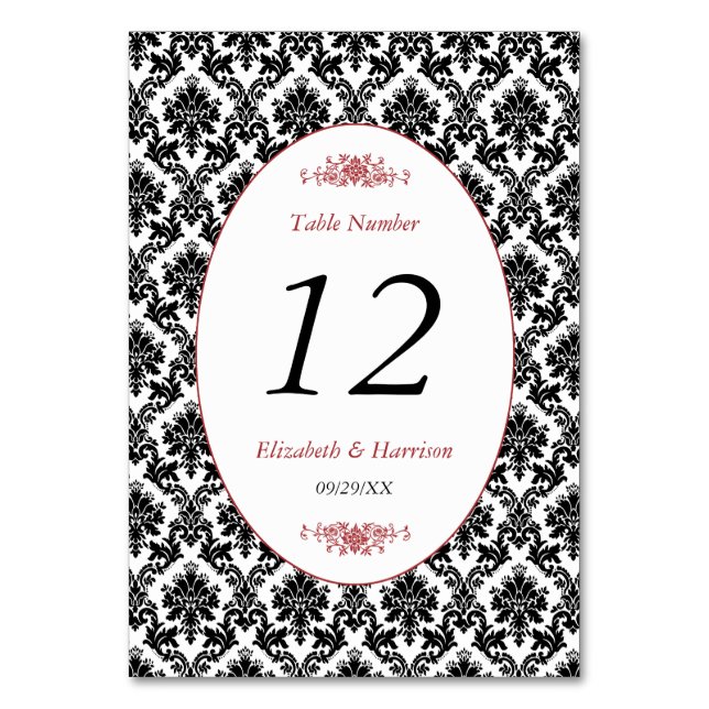 Vintage Red, Black & White Damask Wedding Table Number (Front)