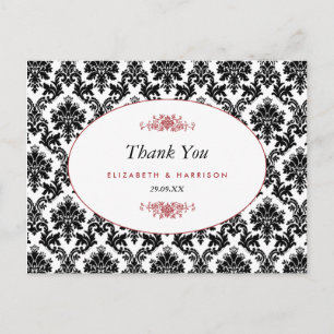 Vintage Red Black & White Damask Wedding Thank You Postcard