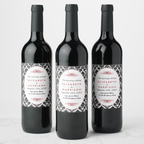 Vintage Red Black  White Damask Wedding Wine Label