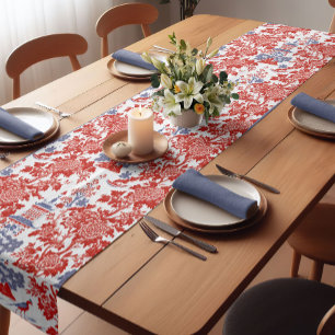 Vintage Red Blue Chinoiserie Delft Monogram Short Table Runner