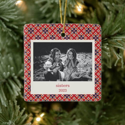 Vintage Red Blue Christmas Photo Sisters Ceramic Ornament