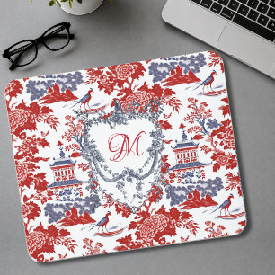 Vintage Red Blue French Chinoiserie Monogram Mouse Pad