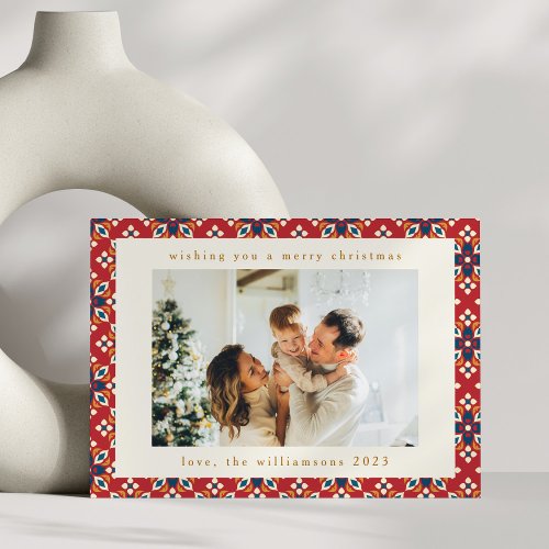 Vintage Red Blue Geometric Two Photo Christmas Holiday Card