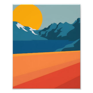 Vintage Red & Blue Mountain Art – Retro Landscape  Photo Print