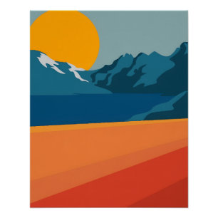 Vintage Red & Blue Mountain Art – Retro Landscape Poster