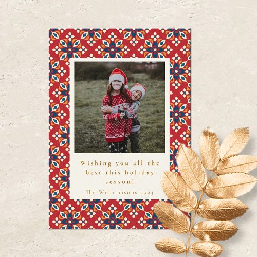 Vintage Red Blue Pattern Vertical Photo Christmas Holiday Card