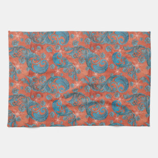 Vintage Red Blue Scrolls with snowflakes Kitchen Towel