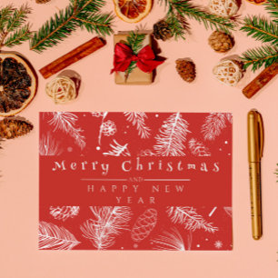 Vintage Red Botanical Line Art Merry Christmas Holiday Card