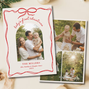 Vintage Red Bow Baby's 1st Christmas Family Photo Holiday Card