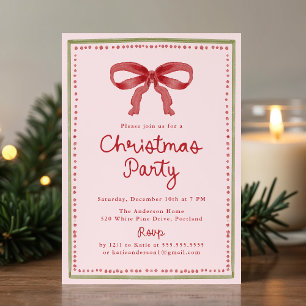 Vintage Red Bow Blush Pink Christmas Party Invitation