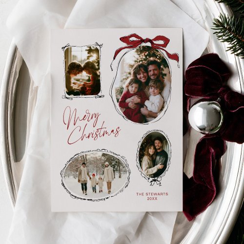 Vintage Red Bow Christmas Family Photo Collage Holiday Card