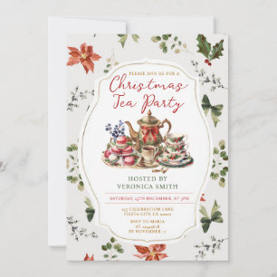 Vintage Red Bow Christmas Tea Party Floral Holiday Invitation