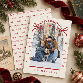 Vintage Red Bows Photo Merry Christmas Card