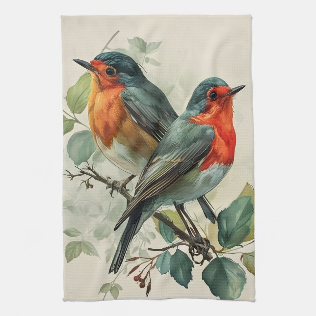 Vintage Red-Breasted Robin Kitchen Towel (Vertical)