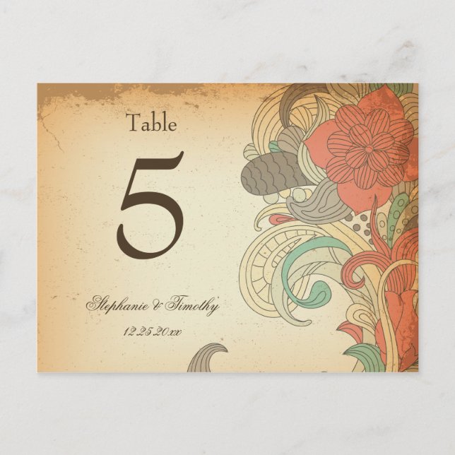 Vintage red brown floral wedding table number (Front)
