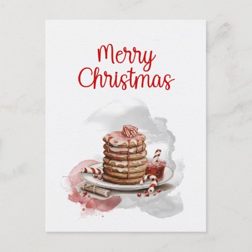 Vintage red brown Watercolor Candy Cane Pancake Holiday Postcard